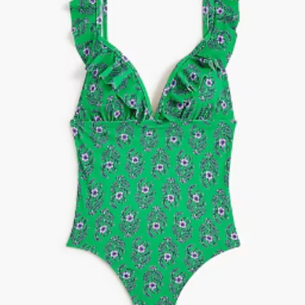 J. Crew Floral Ruffle-Shoulder  One-Piece Swimsuit Bathing Suit small medium